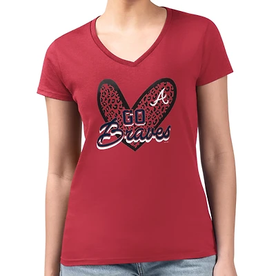 Women's G-III 4Her by Carl Banks Red Atlanta Braves Super-Slim Fit Lightweight Leopard Heart V-Neck T-Shirt