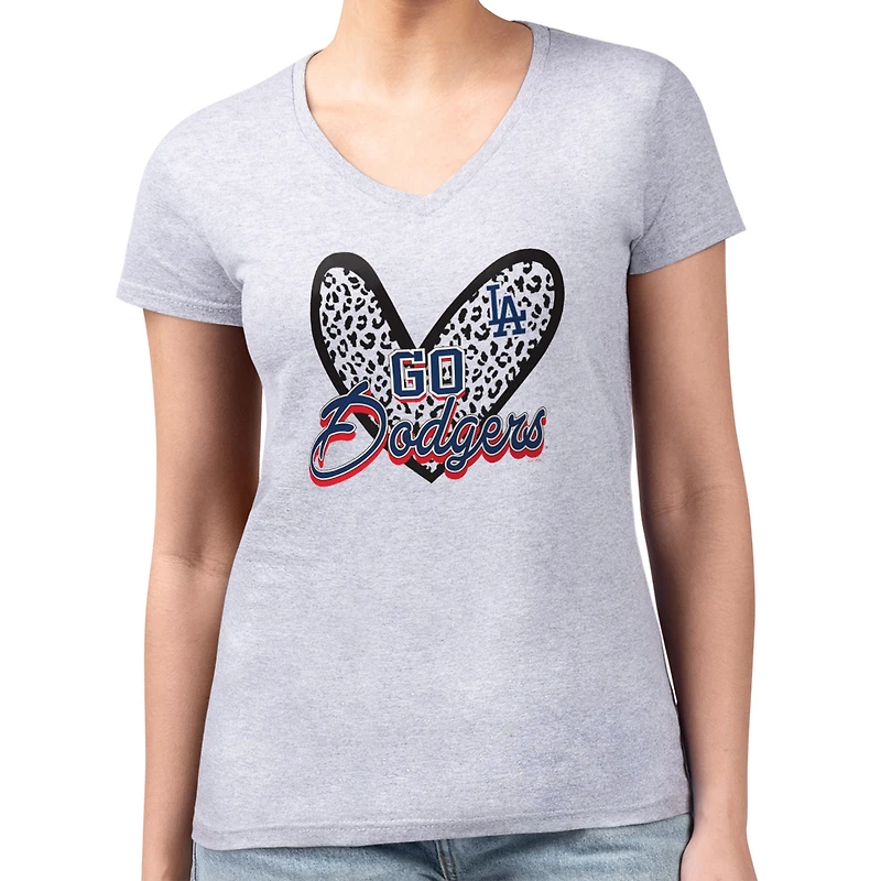 Women's G-III 4Her by Carl Banks Heather Gray Los Angeles Dodgers Super-Slim Fit Lightweight Leopard Heart V-Neck T-Shirt