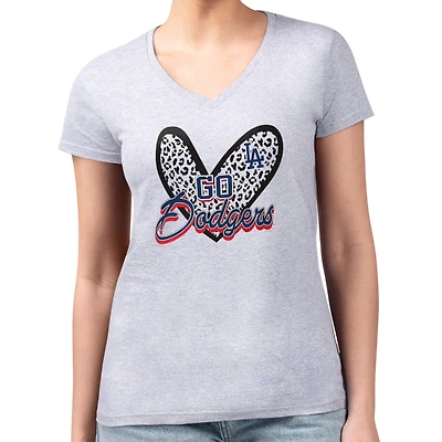 Women's G-III 4Her by Carl Banks Heather Gray Los Angeles Dodgers Super-Slim Fit Lightweight Leopard Heart V-Neck T-Shirt