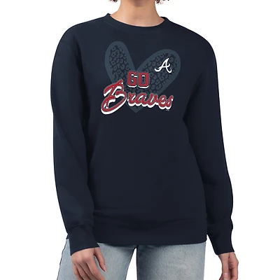 Women's G-III 4Her by Carl Banks Navy Atlanta Braves Leopard Heart Pullover Sweatshirt