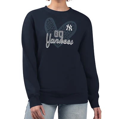 Women's G-III 4Her by Carl Banks Navy New York Yankees Leopard Heart Pullover Sweatshirt