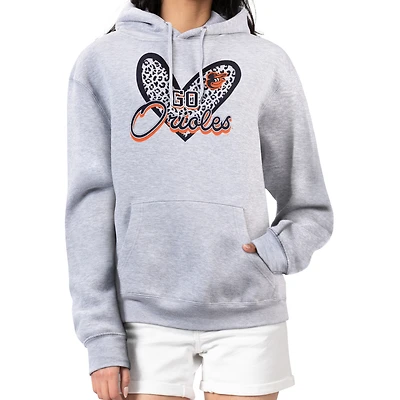 Women's G-III 4Her by Carl Banks Heather Gray Baltimore Orioles Leopard Heart Pullover Hoodie