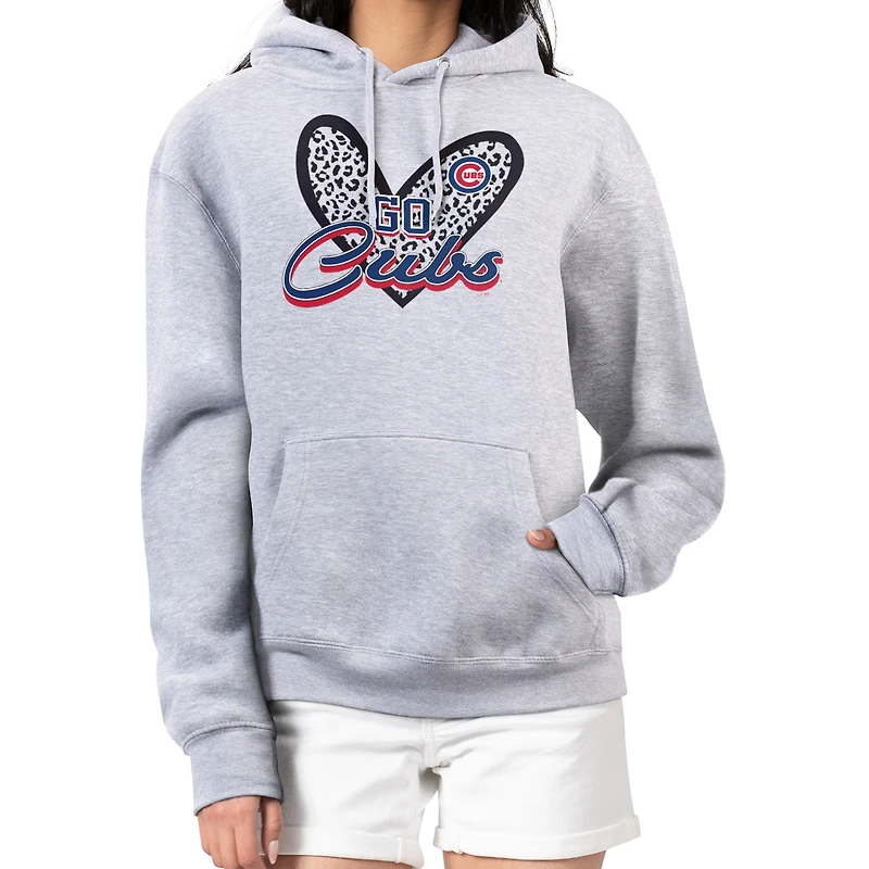 Women's G-III 4Her by Carl Banks Heather Gray Chicago Cubs Leopard Heart Pullover Hoodie