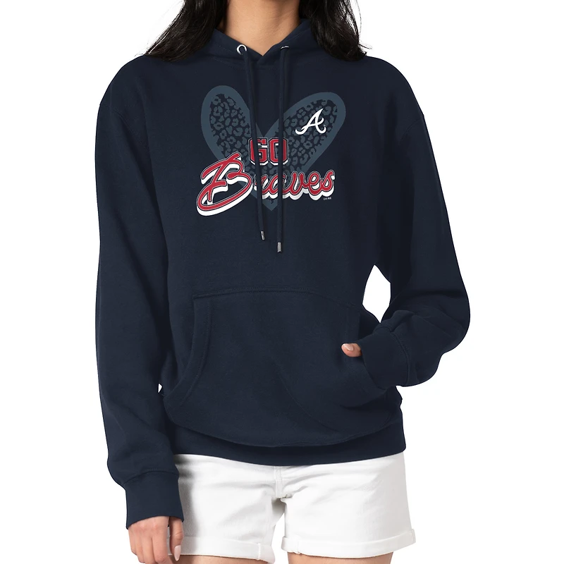 Women's G-III 4Her by Carl Banks Navy Atlanta Braves Leopard Heart Pullover Hoodie