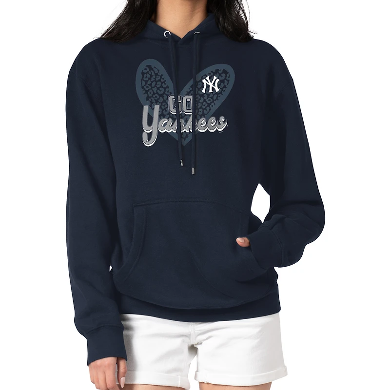 Women's G-III 4Her by Carl Banks Navy New York Yankees Leopard Heart Pullover Hoodie