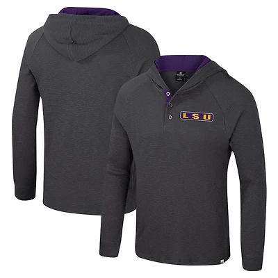 Men's Colosseum Charcoal LSU Tigers Dujour Ralgan Long Sleeve Henley Hoodie T-Shirt