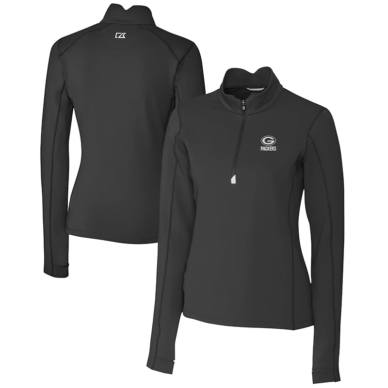 Women's Cutter & Buck Black Green Bay Packers Traverse Stretch DryTec Quarter-Zip Top