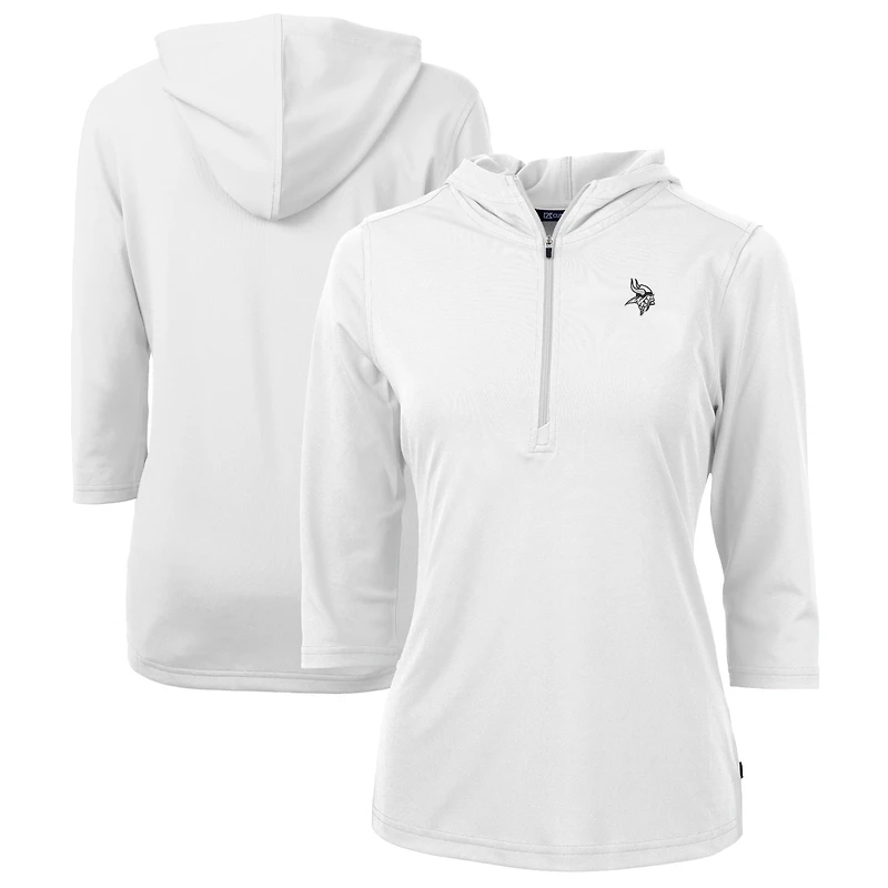 Women's Cutter & Buck  White Minnesota Vikings Virtue Eco Pique Recycled Dry Tec 3/4-Sleeve Half-Zip Hoodie
