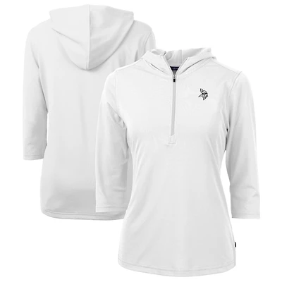 Women's Cutter & Buck  White Minnesota Vikings Virtue Eco Pique Recycled Dry Tec 3/4-Sleeve Half-Zip Hoodie