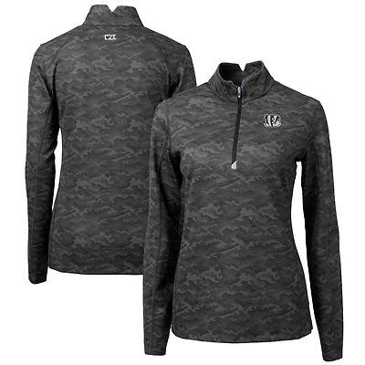 Women's Cutter & Buck  Black Cincinnati Bengals Traverse Camo Print Stretch Tri-Blend Quarter-Zip Top
