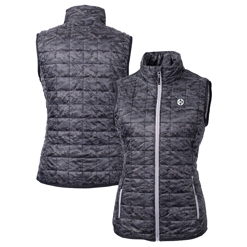 Women's Cutter & Buck Black Pittsburgh Steelers Rainier PrimaLoft Eco Insulated Full-Zip Printed Puffer Vest