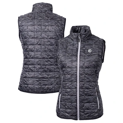Women's Cutter & Buck Black Pittsburgh Steelers Rainier PrimaLoft Eco Insulated Full-Zip Printed Puffer Vest