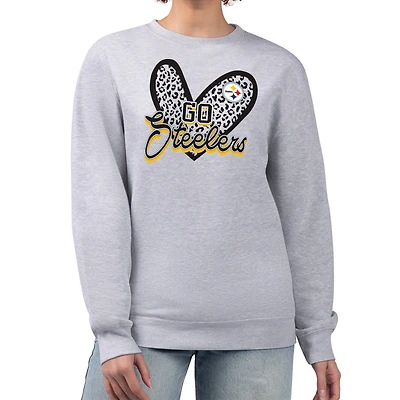 Women's G-III 4Her by Carl Banks Heather Gray Pittsburgh Steelers Leopard Heart Pullover Sweatshirt