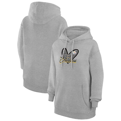 Women's G-III 4Her by Carl Banks Heather Gray Pittsburgh Steelers Animal Print Heart Team Graphic Fleece Tri-Blend Pullover Hoodie