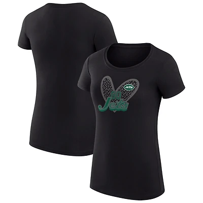 Women's G-III 4Her by Carl Banks Black New York Jets Super-Slim Fit Lightweight Animal Print Heart T-Shirt