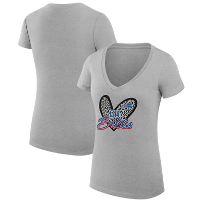 Women's G-III 4Her by Carl Banks Heather Gray Buffalo Bills Super-Slim Fit Lightweight Leopard Heart V-Neck T-Shirt