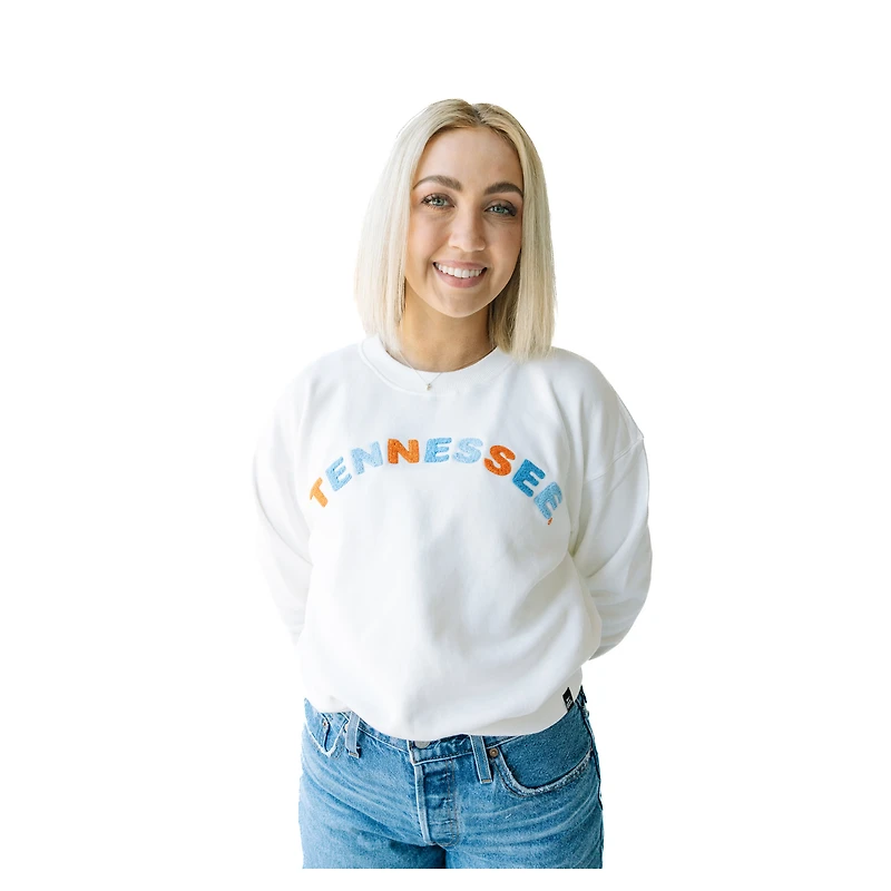 Women's Gameday Social White Tennessee Volunteers Oversized Charlie Rainbow Chenille Arch Pullover Sweatshirt