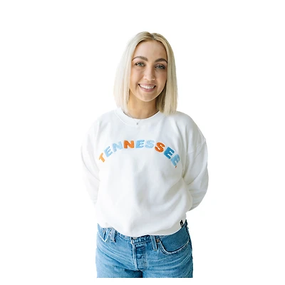 Women's Gameday Social  White Tennessee Volunteers Oversized Charlie Rainbow Chenille Arch Pullover Sweatshirt