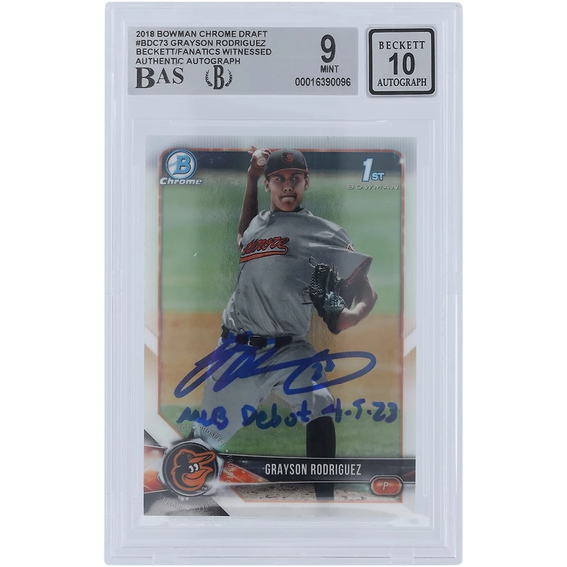 Grayson Rodriguez Baltimore Orioles Autographed 2018 Bowman Draft Chrome #BDC-73 Beckett Fanatics Witnessed Authenticated /10 Card with "MLB Debut 4-5-23" Inscription