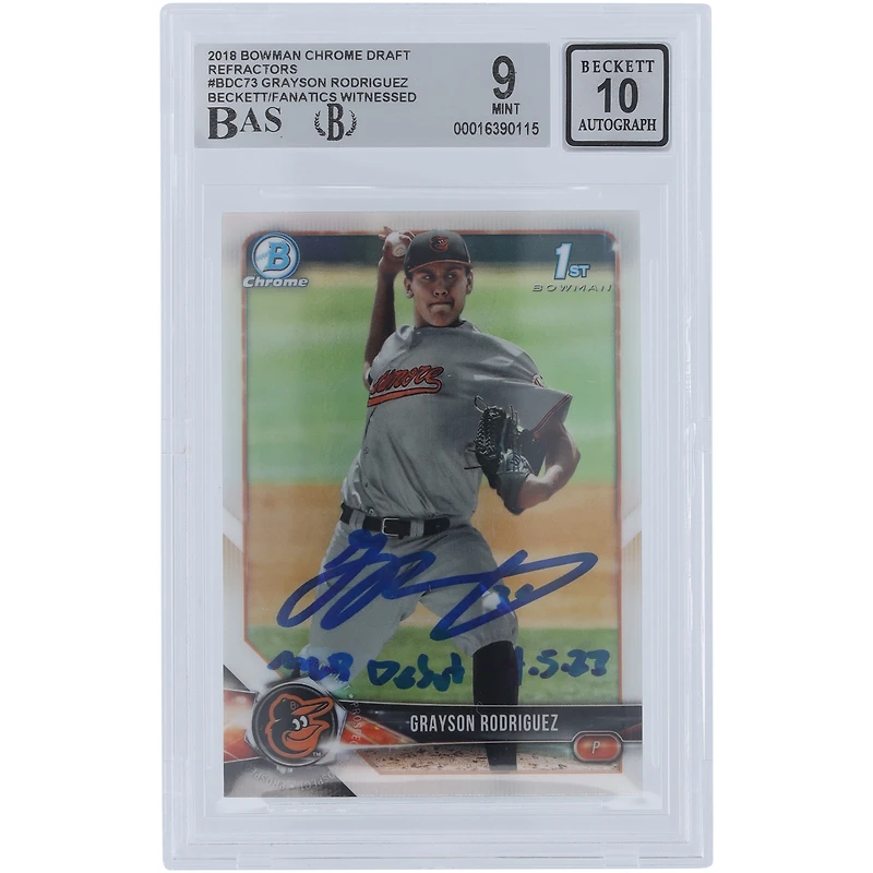 Grayson Rodriguez Baltimore Orioles Autographed 2018 Bowman Draft Chrome Refractors #BDC-73 Beckett Fanatics Witnessed Authenticated / Card with "MLB Debut 4-5-23" Inscription