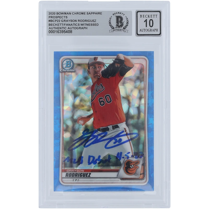 Grayson Rodriguez Baltimore Orioles Autographed 2020 Bowman Chrome Prospects Sapphire #BCP-22 Beckett Fanatics Witnessed Authenticated Card with "MLB Debut 4-5-23" Inscription