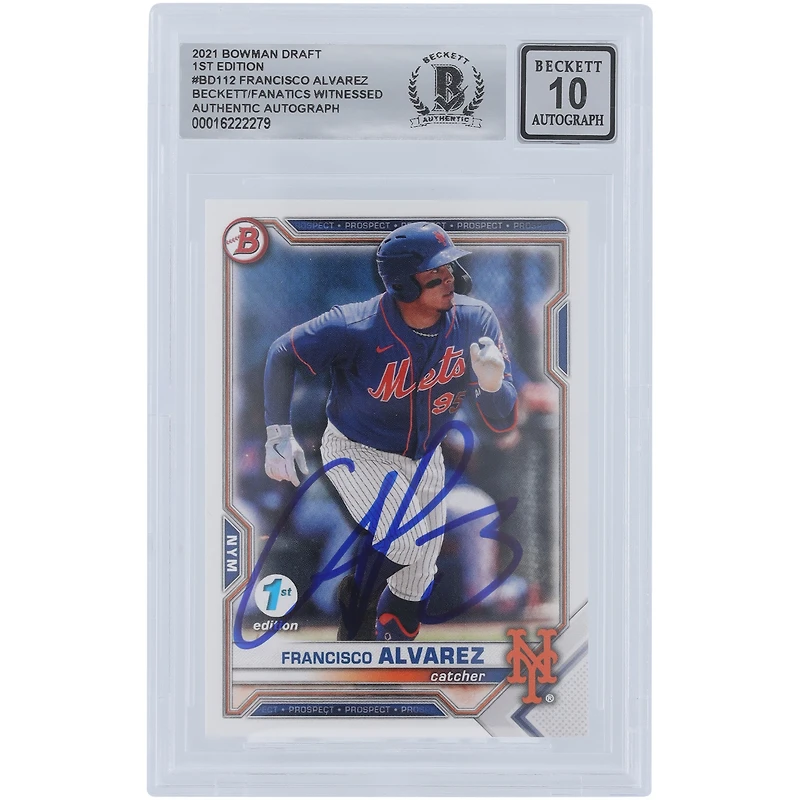 Francisco Alvarez New York Mets Autographed 2021 Bowman Draft 1st Edition #BD-112 Beckett Fanatics Witnessed Authenticated 10 Card