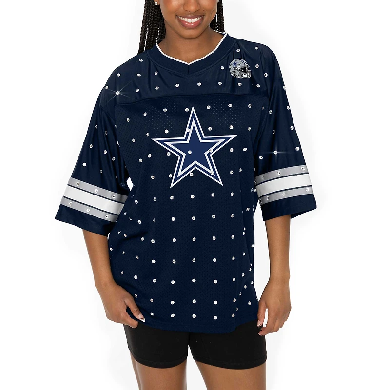 Women's Gameday Couture Navy Dallas Cowboys Kickoff Time Allover Rhinestone Sports Stripe Jersey V-Neck T-Shirt