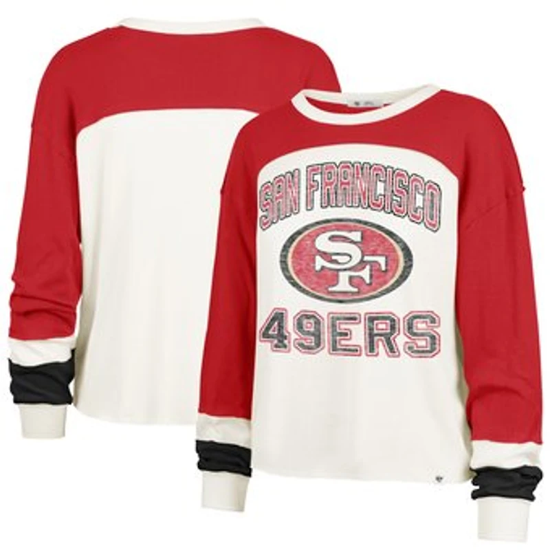 Women's '47 Cream/Scarlet San Francisco 49ers Plus Size Double Header Curve Toni Long Sleeve T-Shirt