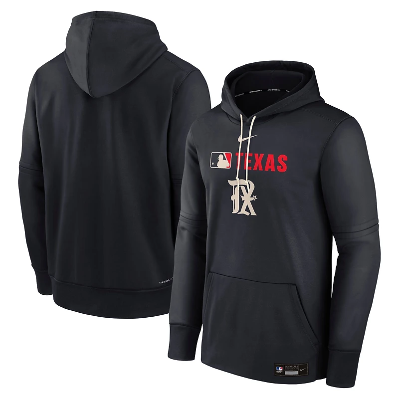 Men's Nike  Black Texas Rangers Authentic Collection City Connect Therma Pullover Hoodie
