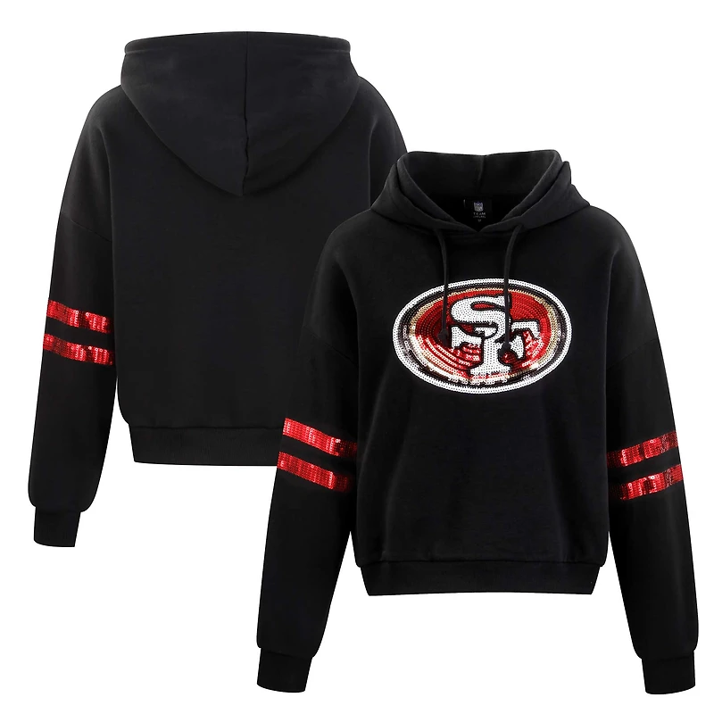 Women's Cuce Black San Francisco 49ers Cropped Sequins Pullover Hoodie