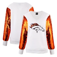 Women's Cuce White Denver Broncos Sequin Sleeve V-Neck Pullover Sweatshirt