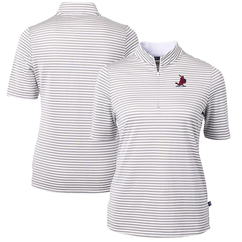 Women's Cutter & Buck Gray/White St. Louis Cardinals Cooperstown Collection Virtue Eco Pique Stripe Recycled Tri-Blend Quarter-Zip Top