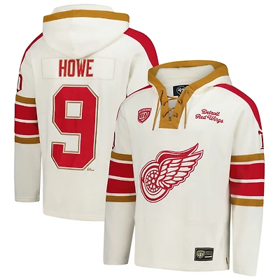 Men's '47 Gordie Howe Cream Detroit Red Wings Blue Line Heritage Name & Number Lace-Up Pullover Hoodie