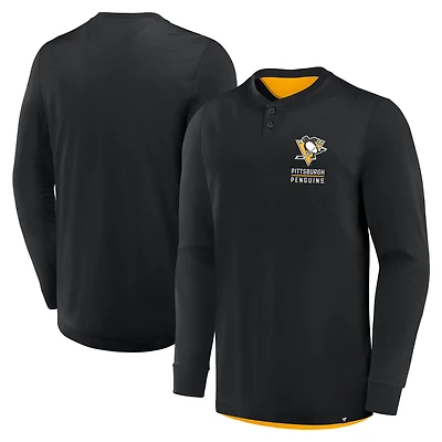 Men's Fanatics Black Pittsburgh Penguins Adrenaline Push Long Sleeve Henley Shirt