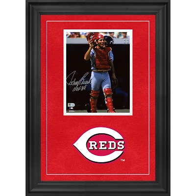 Johnny Bench Cincinnati Reds Autographed Deluxe Framed 8" x 10" In Catchers Gear Photograph with "HOF 89" Inscription