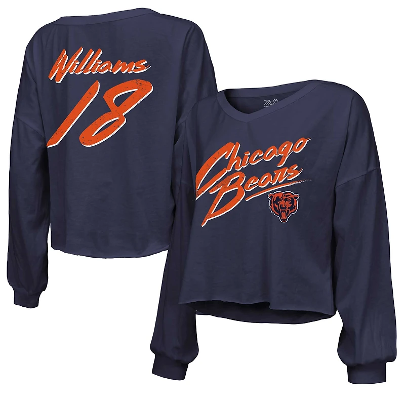 Women's Majestic Threads Caleb Williams Navy Chicago Bears Name & Number Off-Shoulder Script Cropped Long Sleeve Relaxed V-Neck T-Shirt