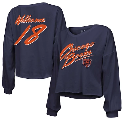 Women's Majestic Threads Caleb Williams Navy Chicago Bears Name & Number Off-Shoulder Script Cropped Long Sleeve Relaxed V-Neck T-Shirt