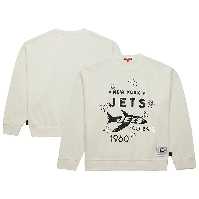 Women's Mitchell & Ness Cream New York Jets Throwback Logo 3.0 Pullover Sweatshirt