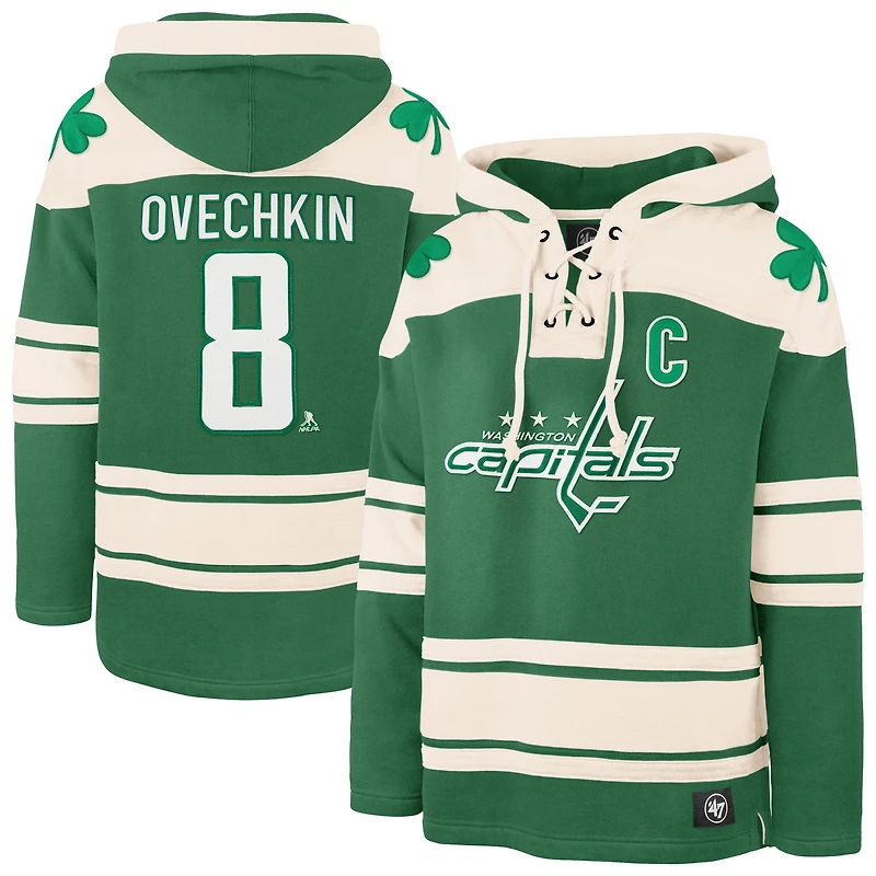 Men's '47 Alexander Ovechkin Kelly Green Washington Capitals St. Patrick's Day Player Name & Number Lacer Pullover Hoodie