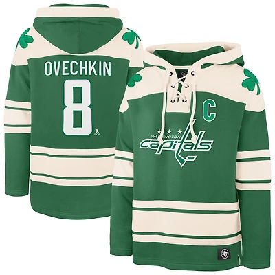 Men's '47 Alexander Ovechkin Kelly Green Washington Capitals St. Patrick's Day Player Name & Number Lacer Pullover Hoodie