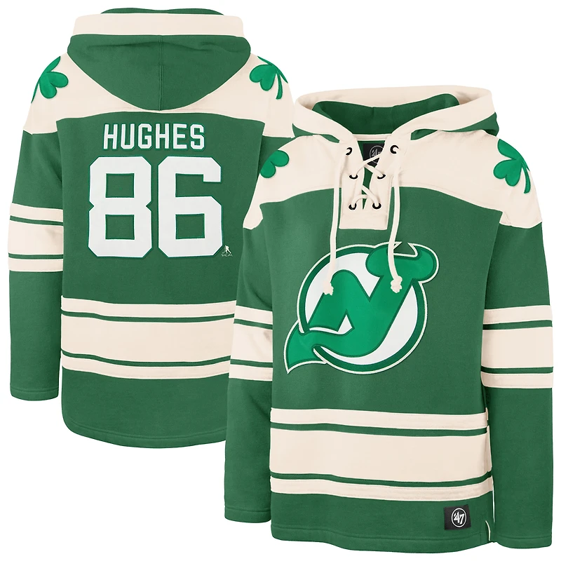 Men's '47 Jack Hughes Kelly Green New Jersey Devils St. Patrick's Day Player Name & Number Lacer Pullover Hoodie