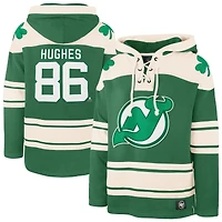 Men's '47 Jack Hughes Kelly Green New Jersey Devils St. Patrick's Day Player Name & Number Lacer Pullover Hoodie