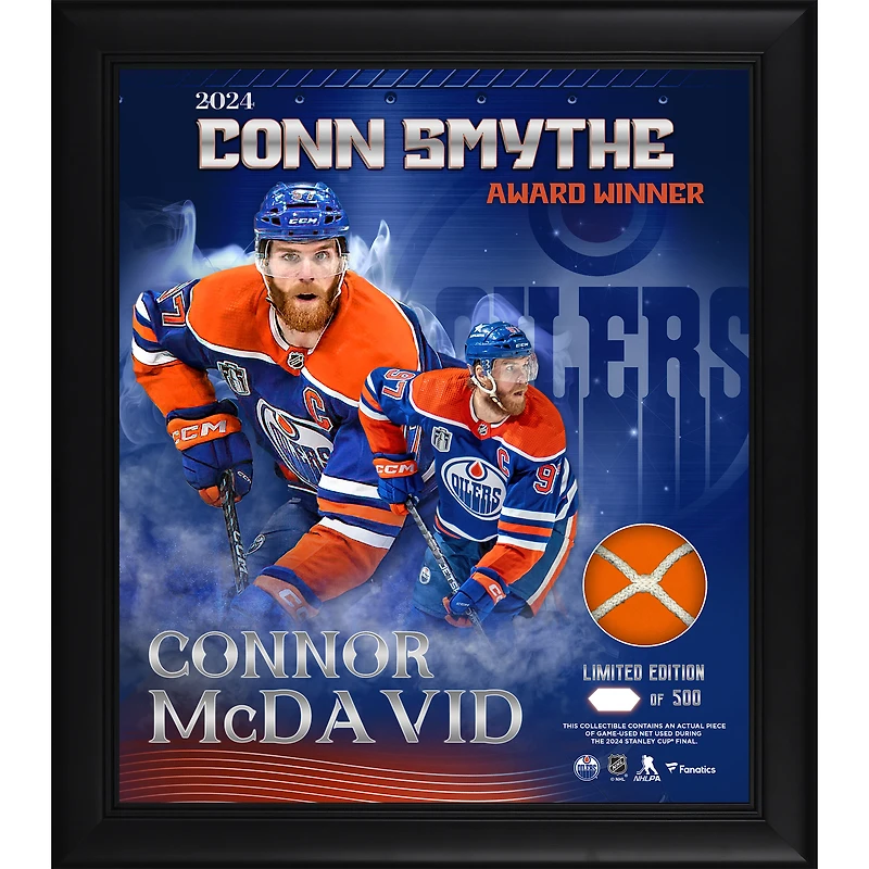 Connor McDavid Edmonton Oilers  2024 Conn Smythe Trophy Winner Framed 15" x 17" Conn Smythe Collage with a Piece of Game-Used Net from the 2024 Stanley Cup Final - Limited Edition of 500