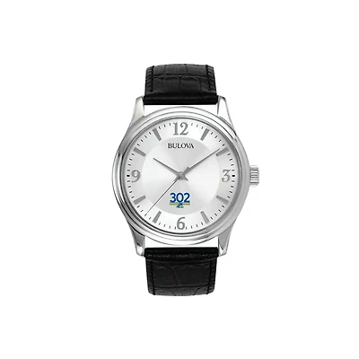 Men's Bulova Delaware Fightin' Blue Hens Silver-Tone Leather Strap Watch