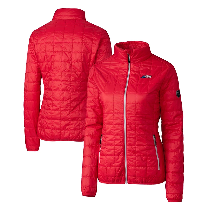 Women's Cutter & Buck Red New York Jets Americana  Rainier PrimaLoft Eco Insulated Full-Zip Printed Puffer Jacket