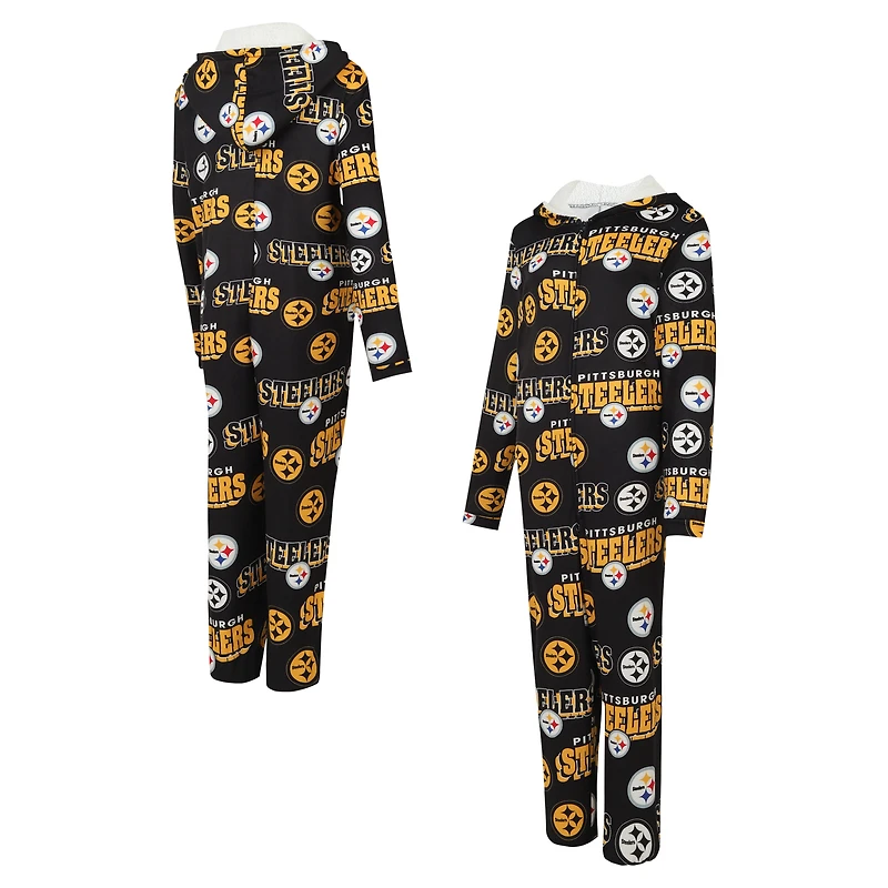 Women's Concepts Sport Black Pittsburgh Steelers Roadway Allover Print Microfleece Full-Zip Union Suit