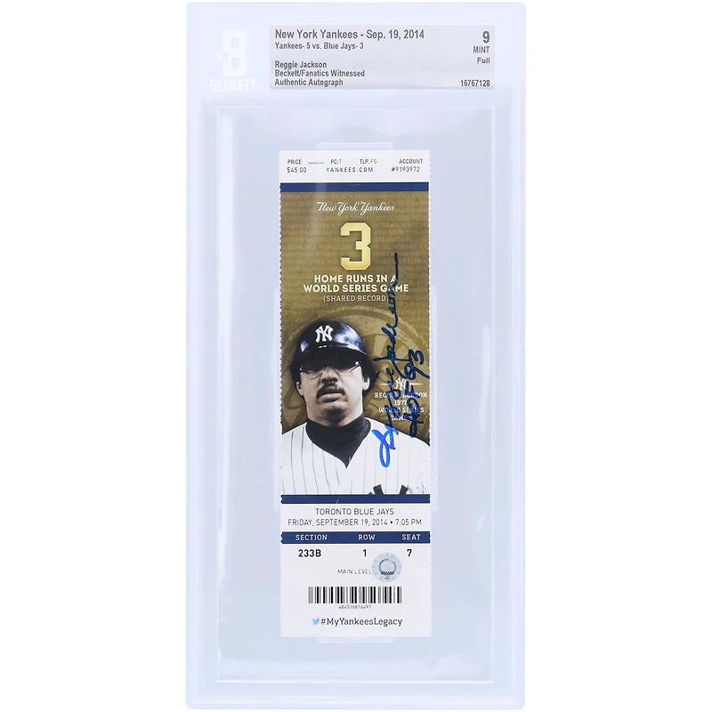 Reggie Jackson New York Yankees Autographed Beckett/Fanatics Witnessed Authenticated 9 Ticket with "HOF 93" Inscription