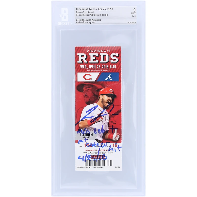 Ronald Acuña Jr. Atlanta Braves Autographed MLB Debut & 1st Hit Beckett/Fanatics Witnessed Authenticated 9 Ticket with Multiple Inscriptions