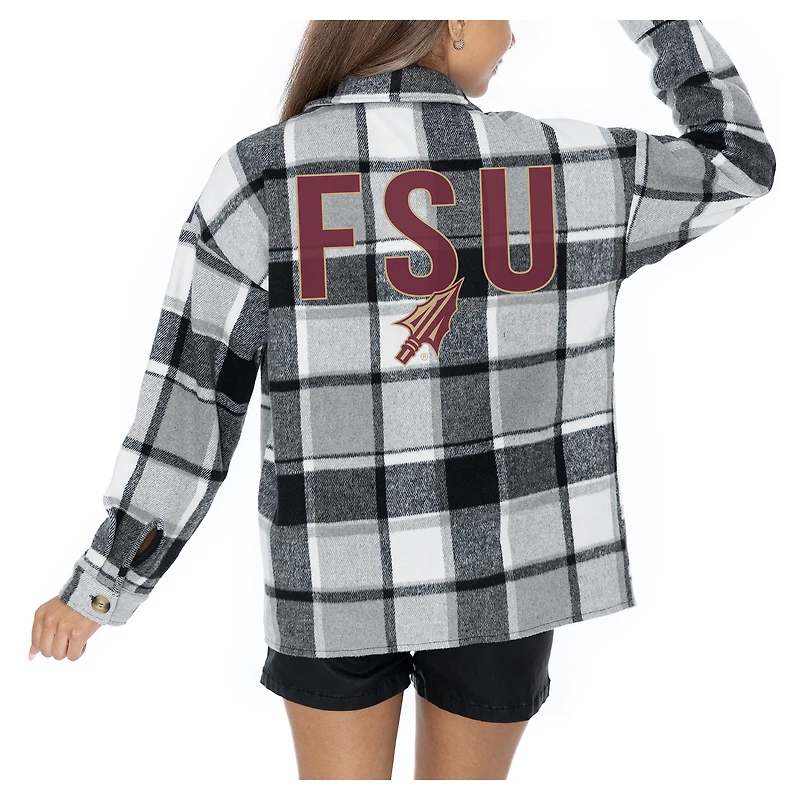 Women's Gameday Couture  Grey Florida State Seminoles Long Sleeve Brushed Plaid Button-Up Overshirt Jacket