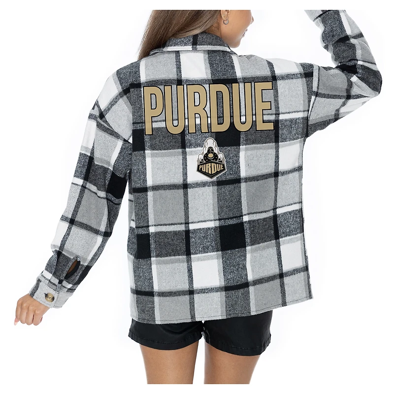 Women's Gameday Couture  Grey Purdue Boilermakers Long Sleeve Brushed Plaid Button-Up Overshirt Jacket